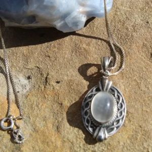 Milky (aka "Snow") Quartz Necklace, SS Setting and Chain, Stamped Bear Claw and